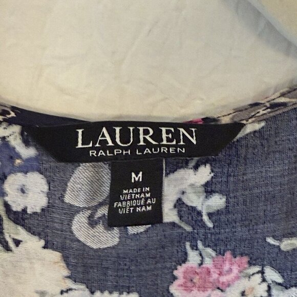 LAUREN Ralph Lauren Black Label Ruffle Trim Black Floral Top Size M - Picture 2 of 12